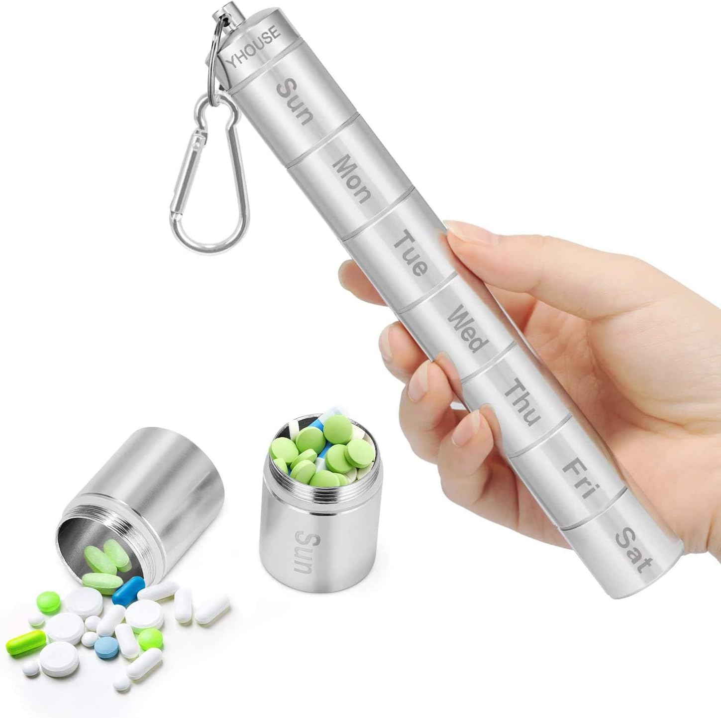 YHOUSE Waterproof Pill Organizer Case - Portable Aluminum Pill Box Keychain 7 Day Pill Holder,Hanging Travel Vitamin Medicine Container Weekly Planner (Silver)