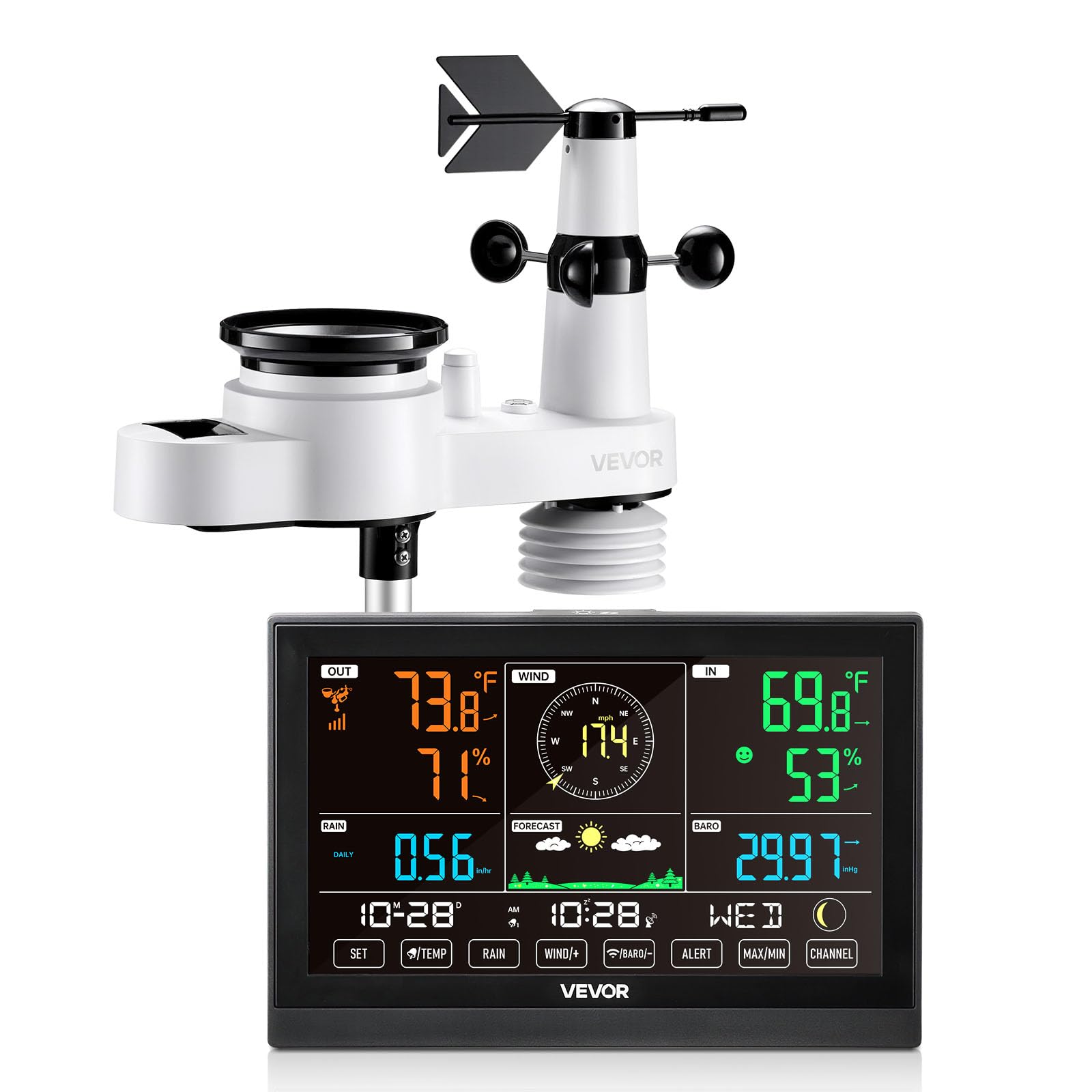 VEVOR 5 en 1 Estación Meteorológica Solar Wifi, con Pantalla VA de 190,5 mm, Sensor Solar Exterior, Pronóstico del Tiempo, Temperatura, Humedad, Precipitaciones, Velocidad y Dirección del Viento — view 14