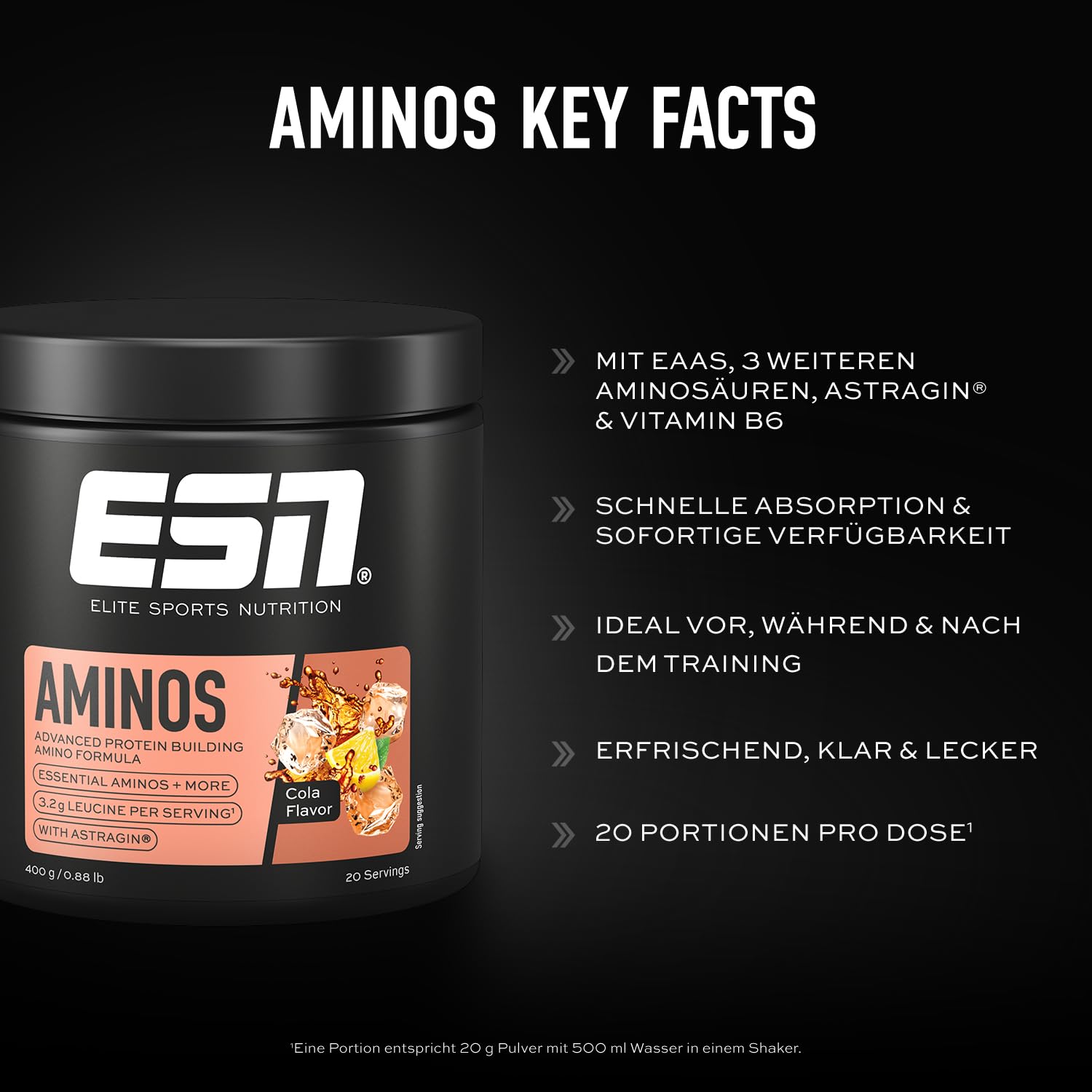 ESN AMINOS, Cola, 400 g, feines Amino-Pulver mit essentiellen Aminosäuren & Astragin, 3,2 g Leucin pro Portion, ideale Löslichkeit, vegan - made in Germany