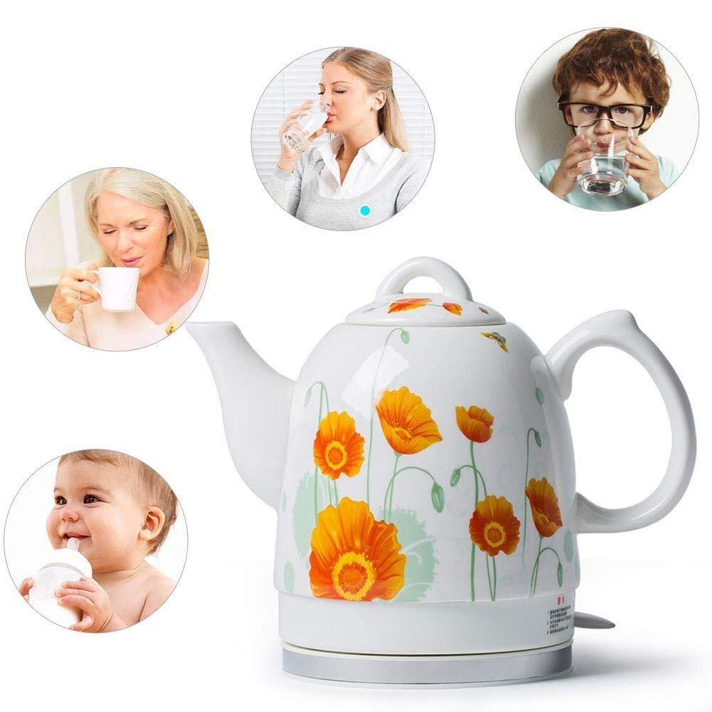 Kettles Hervidor eléctrico de cerámica, tetera inalámbrica de 1,5 litros, apagado automático y protección contra ebullición en seco, 1350 W rápido Present