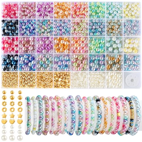 Funtopia Pearl Beads for Bracelets 6mm 8mm Colorful Round Beads for Jewelry Making 1642pcs Bracelet Making Kit with Gold Small Spacer Beads for Crafting Bracelet Necklace Earrings DIY