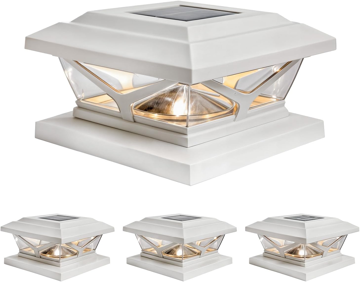 HOME ZONE Security 4-Pack Crown Style Solar Powered Post Cap Light with LiFePO4 Battery, Dusk to Dawn, 3000K 5000K LED Adjustable Temperature, White HOME ZONE Security 4-Pack Crown Style Solar Powered Post Cap Light with LiFePO4 Battery, Dusk to Dawn, 3000K 5000K LED Adjustable Temperature, White