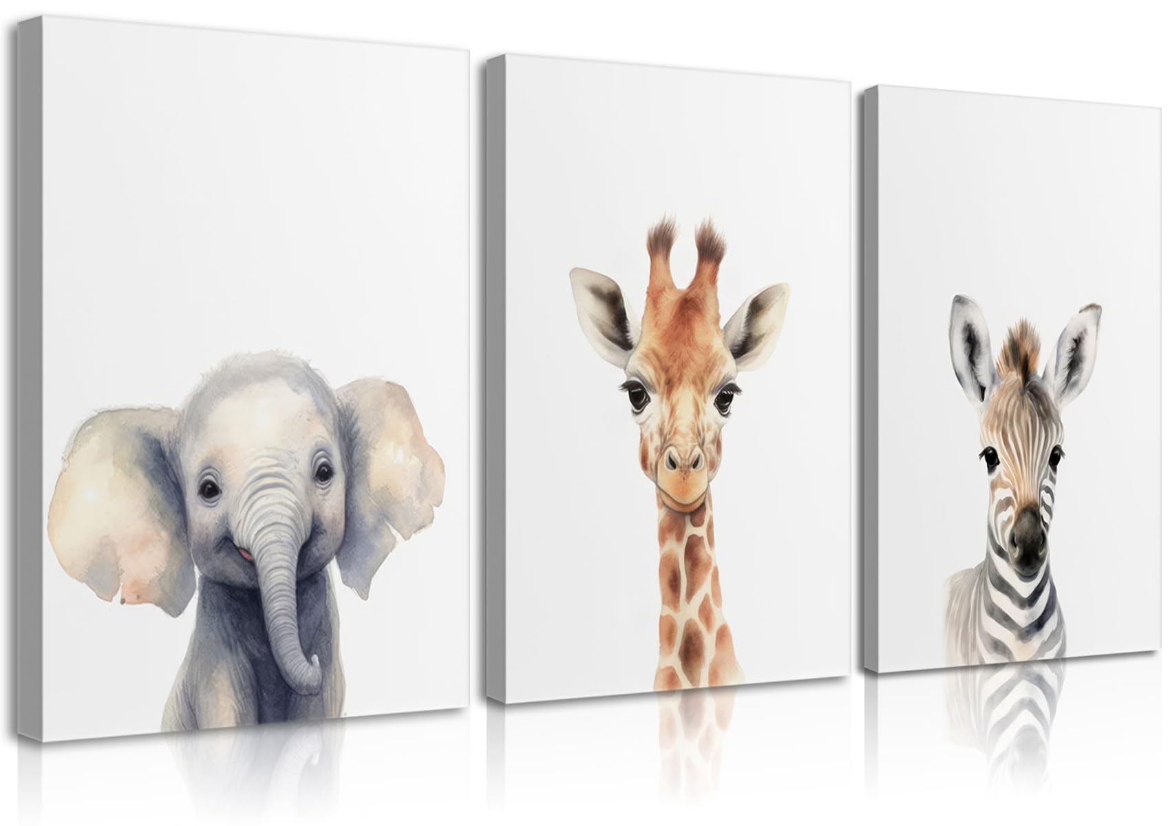 Framed Kid'S Room Animals Wall Art Pictures Set of 3 Cute Giraffe Zebra Elephant Canvas Prints Woodland Nursery Posters Watercolor Wall Decor Painting