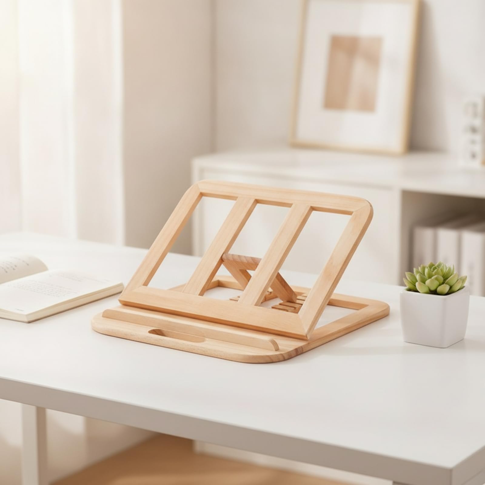 Soporte Portátil para Portátil Elevador Base Atril Soporte Ajustable de Madera de Pino con Ángulos Regulables y Bandeja Asa Ranurada Adecuado para, Soporte De Haya 28x28x1.8cm