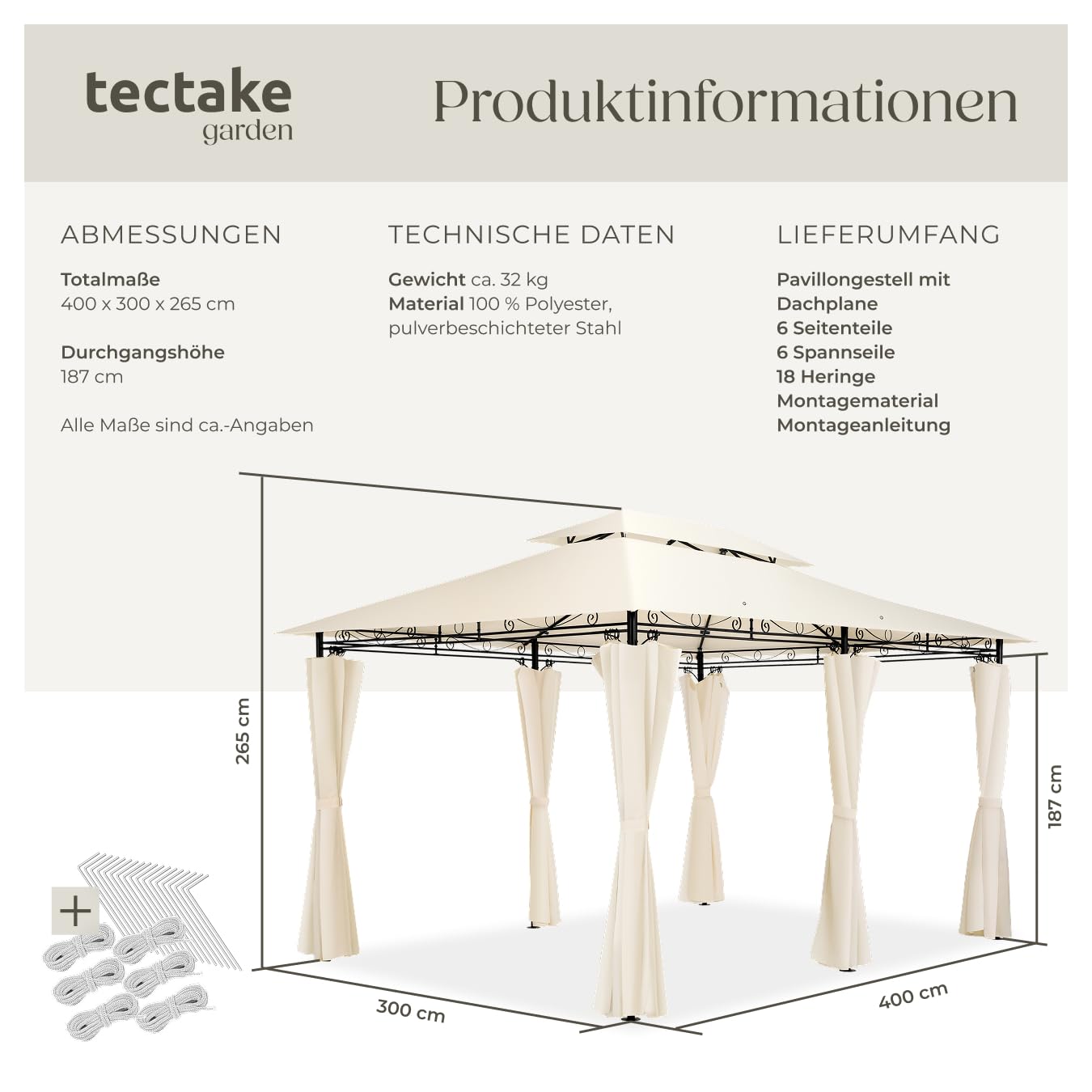 tectake® Luxus Pavillon 3x4, Gartenpavillon mit 6 Seitenteilen, wasserabweisend und UV-beständig, abgesetztes Dach, Pavillon inkl. Spannseile und Heringe, Partyzelt für Garten und Terrasse - Creme