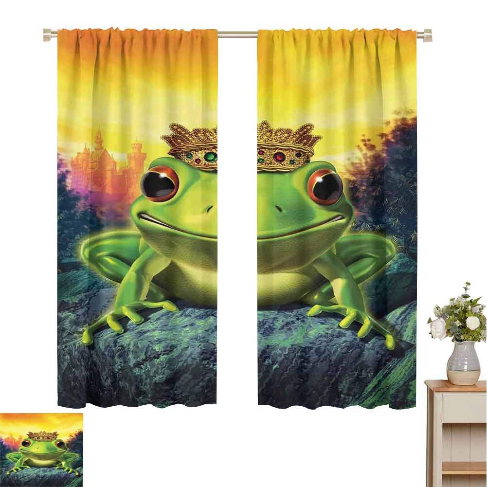 hengshu Animal Soundproof Curtains for Bedroom Frog Prince with His Golden Crown on The Rocks Fairytale Soul Mates Illustration Sliding Curtains for Patio Decor W100 x L63 Inch Green Yellow