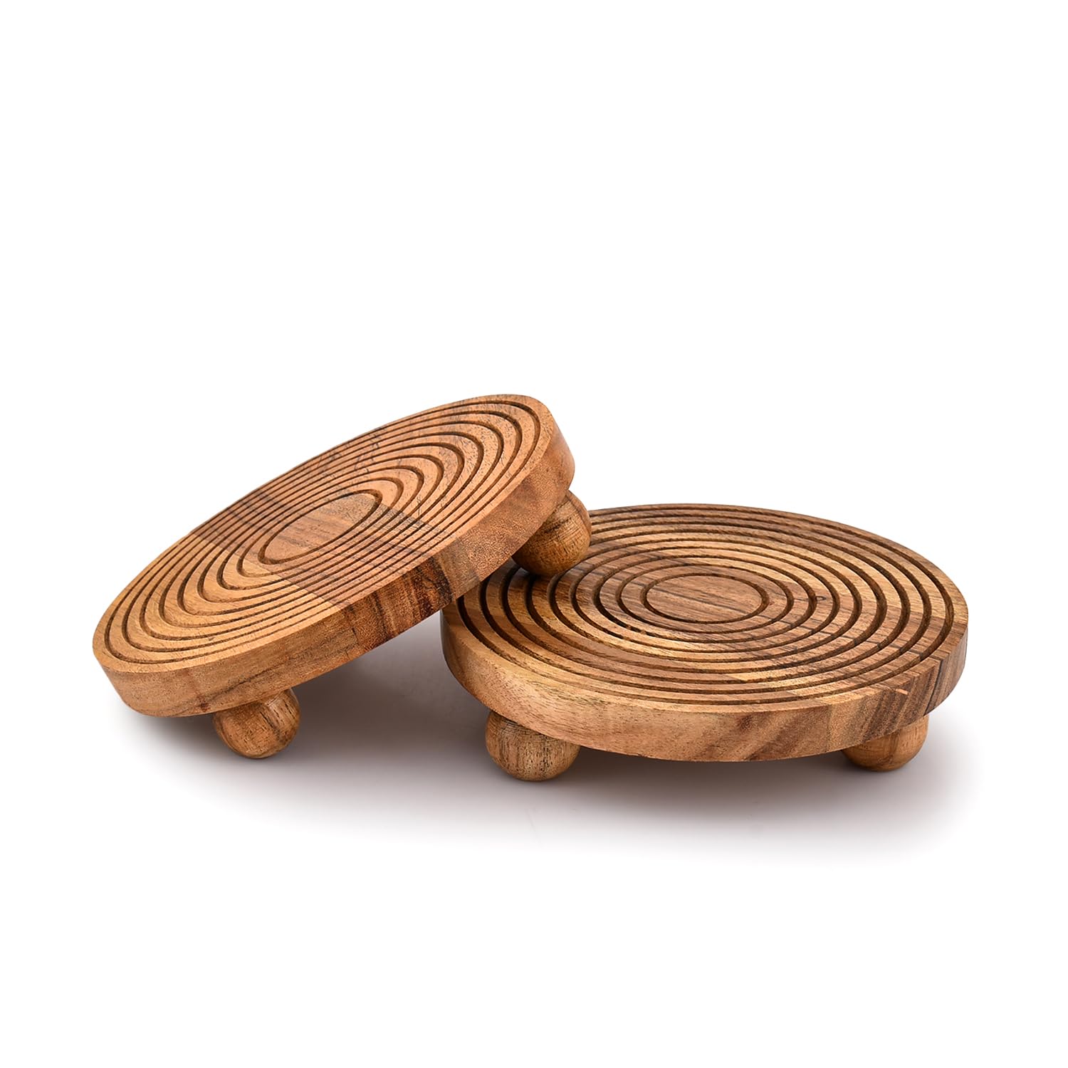 EDHAS Pedestals Acacia Wood Set of 2 Round Pedestal Riser Board for Display, Farmhouse Décor Displays Your Plant Bottles Candles for Your Home (6 X 6 X 1.5)