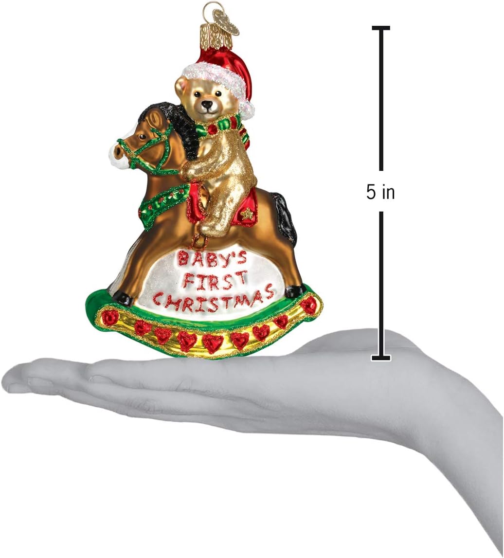 Old World Christmas Rocking Horse Teddy Glass Blown Ornament for Christmas Tree, Handcrafted Holiday Decoration, Babyโs First Christmas Collection