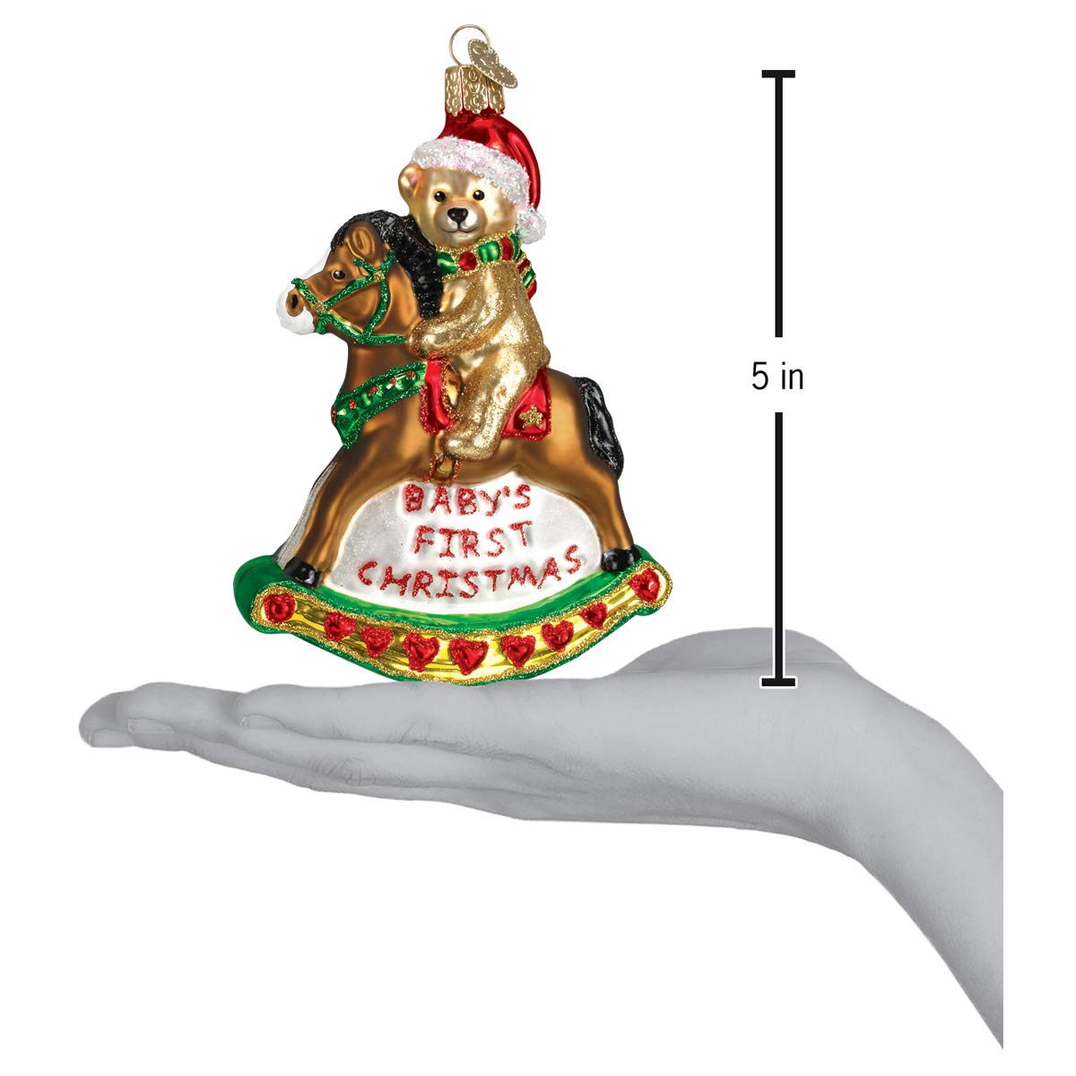 Old World Christmas Rocking Horse Teddy Glass Blown Ornament for Christmas Tree, Handcrafted Holiday Decoration, Baby’s First Christmas Collection