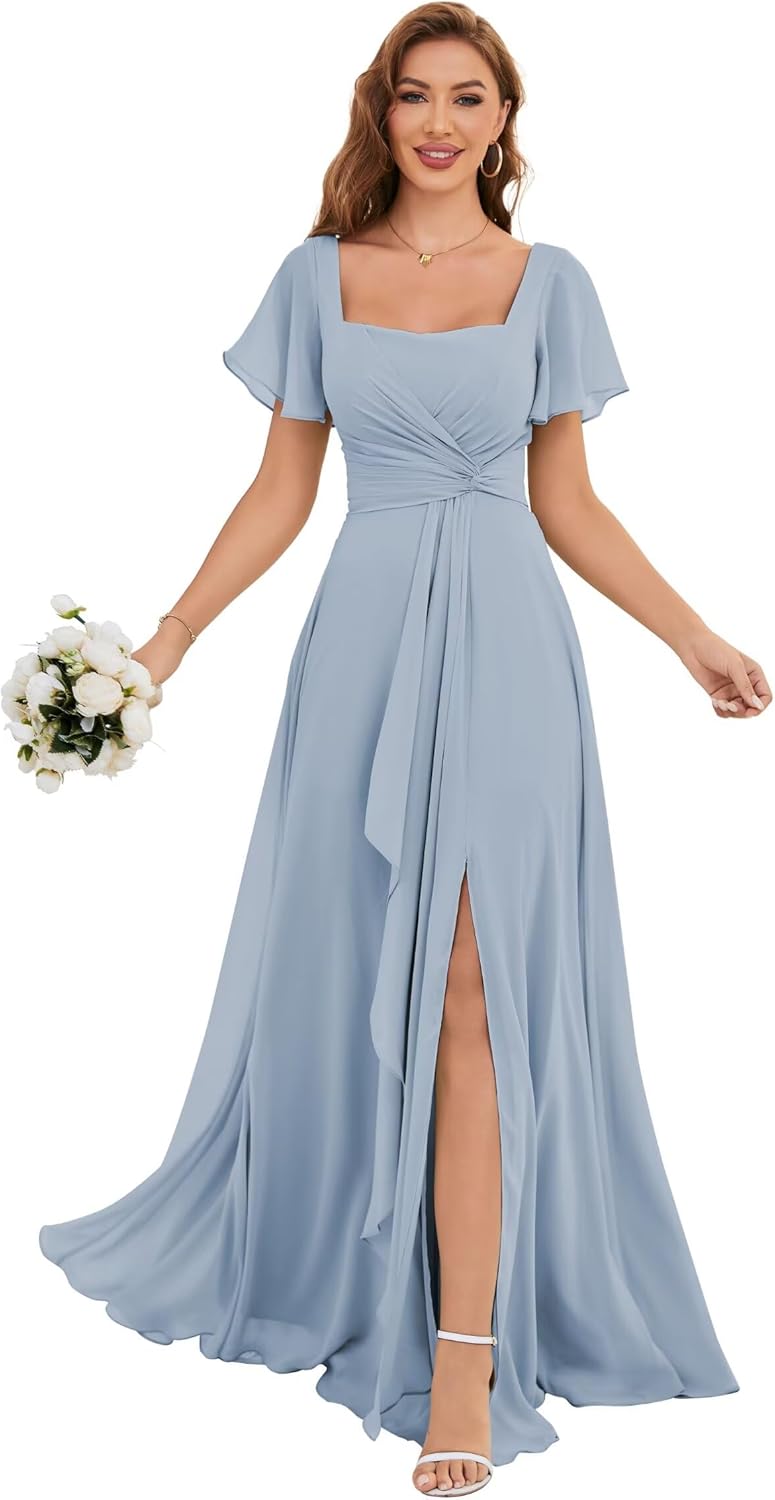 Short Sleeve Bridesmaid Dresses 2026 for Women Ruched Waist Formal Evening Dresses with Slit GR012
