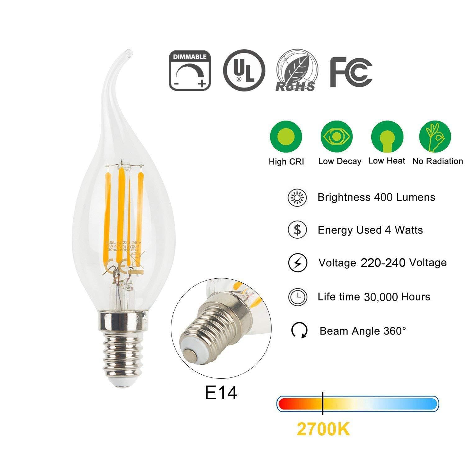 20 sztuk/partia C35T Żarówka Led Ciepła biel AC220V/110 V 4 W 2700 K Kryształowa świeca źródło światła (kolor : 2W 2700K, rozmiar: E12 110V)
