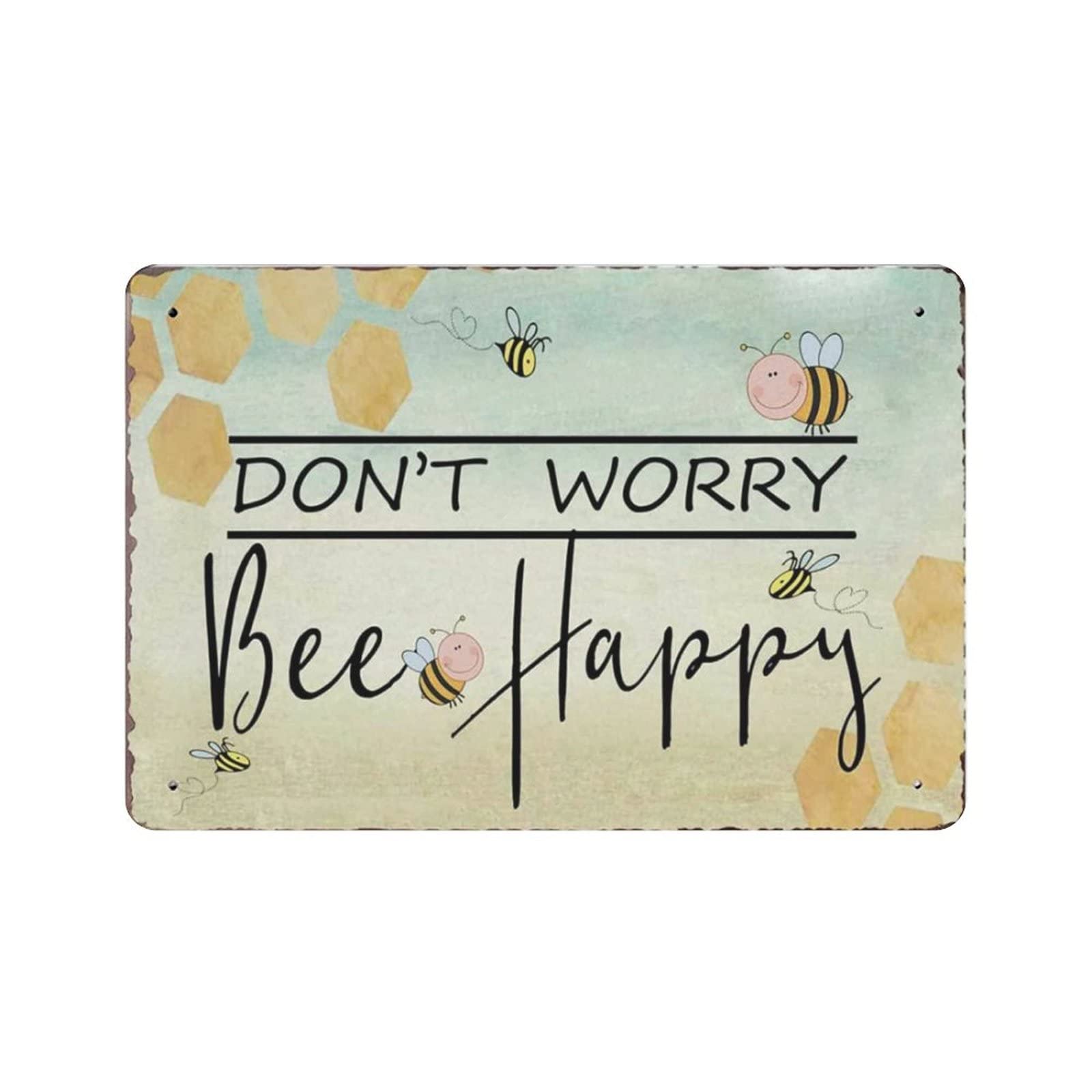 AOOEDM Don't Worry Bee Happy Vintage Metal Tin Sign for Home Coffee Shop Office Wall Art Metal Poster Garage Decor Man Cave Sign Inspirational Quote Wall Decor