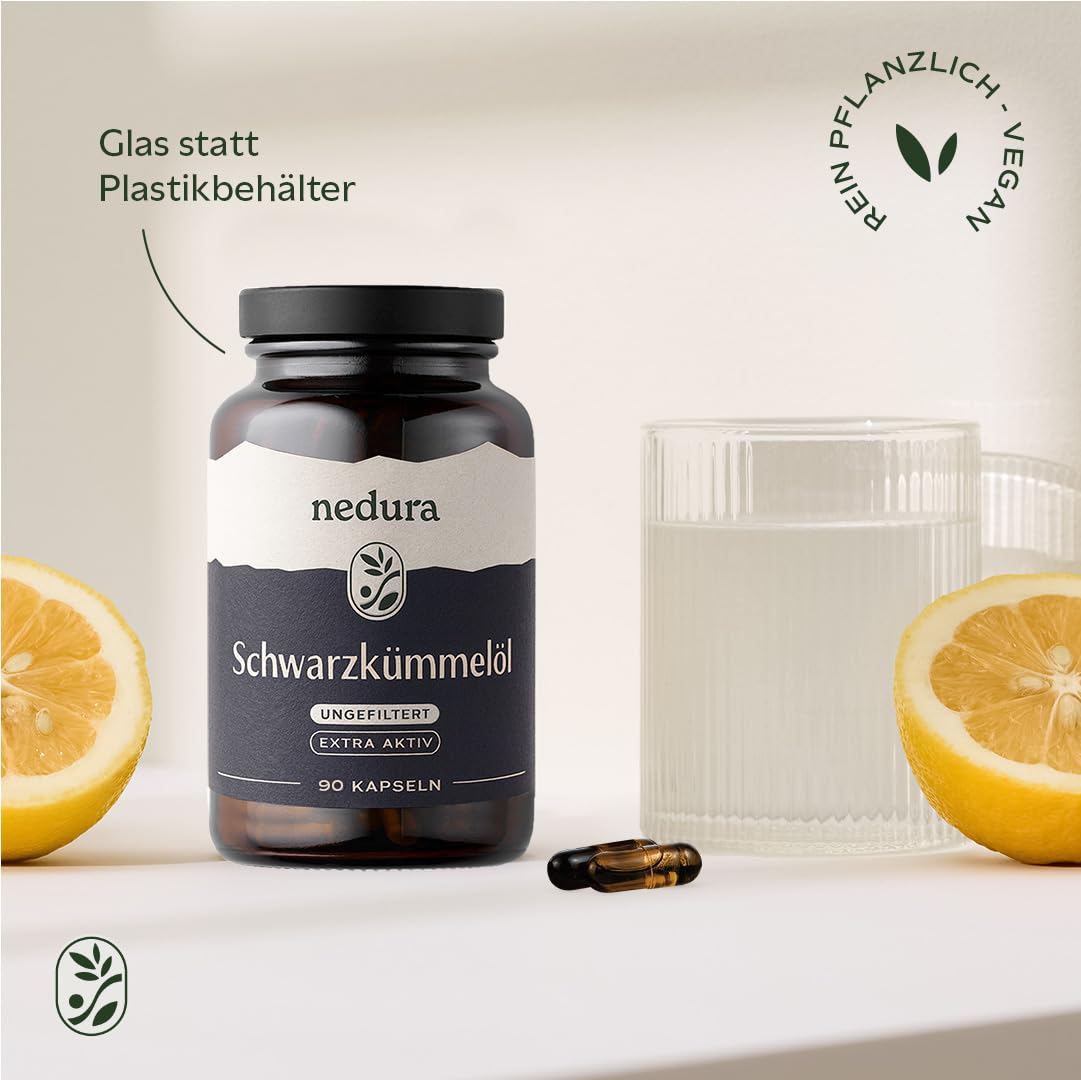 nedura® Schwarzkümmelöl Kapseln extra aktiv - 90 Stück in veganer Kapsel - Schwarzkümmel mit sehr hohem Thymochinongehalt aus Äthiopien - in eigener Deutscher Manufaktur kaltgepresst