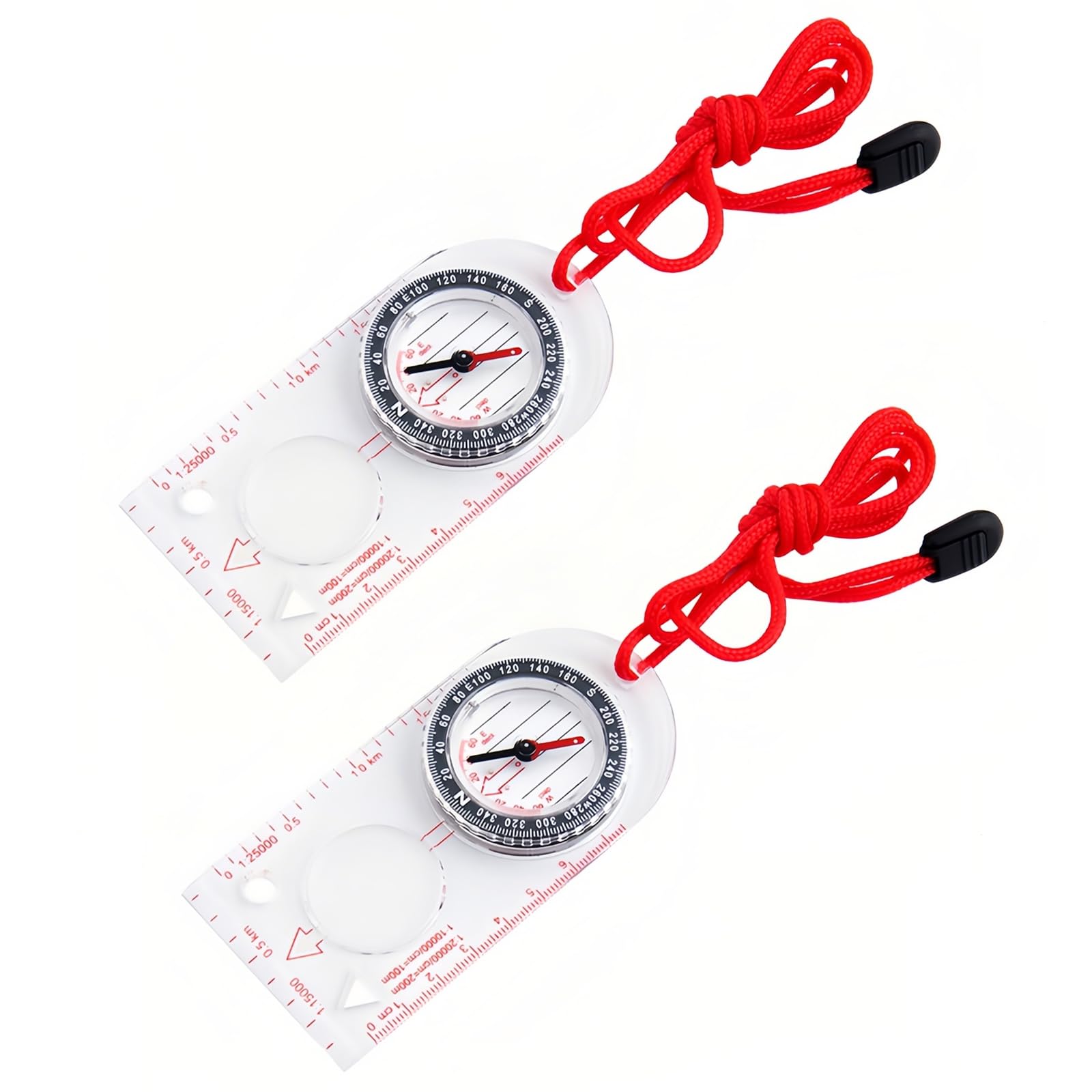 DOETYD 2 Pcs Navigation Compass Map Ruler Magnifier with Adjustable Lanyard for Explorer Outdoor Adventure Enthusiasts, Navigation Compass for Map Reading Orienteering Survival, Red