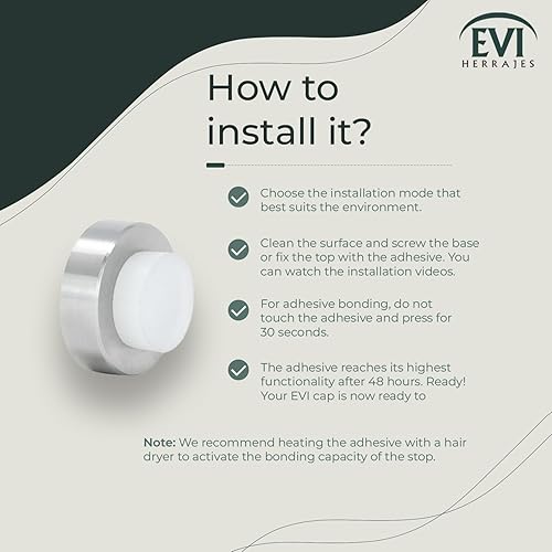 Miniatura 6 de EVI  Tope de puerta montado en la pared  0.7 x 1.37 pulgadas  Caucho blanco de silicona natural  Instalación adhesiva o de tornillo  Acero