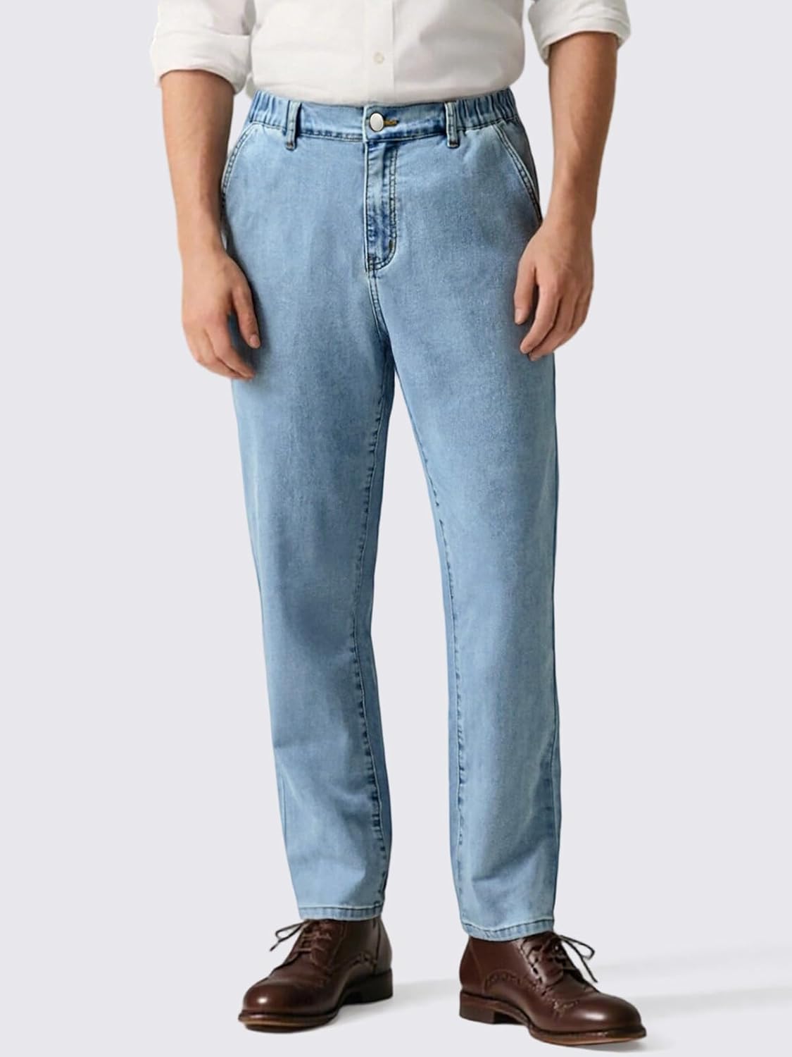 Mens Elastic Waist Straight Leg Jeans Relaxed Fit Stretch Waistband Denim Pants with Zipper and Button - Image 5