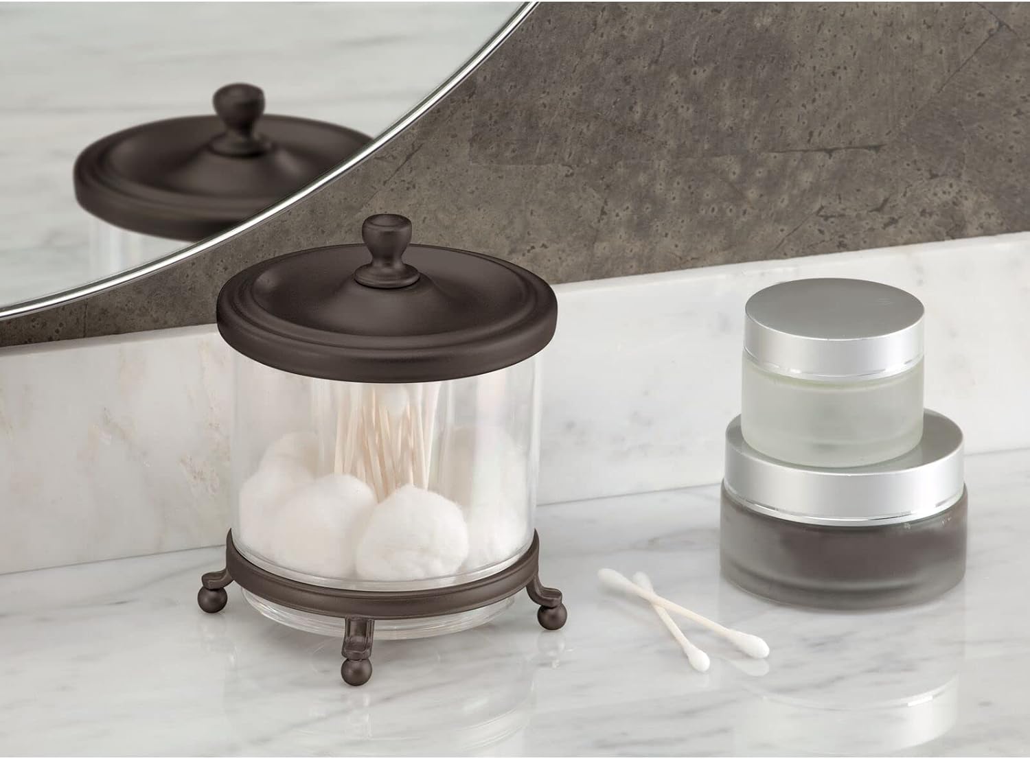 mDesign Round Bathroom Vanity Countertop Divided Storage Canister Plastic Jar with Metal Lid for Cotton Swabs, Rounds, Balls, Makeup Sponges, Blenders, Bath Salts - Clear/Bronze