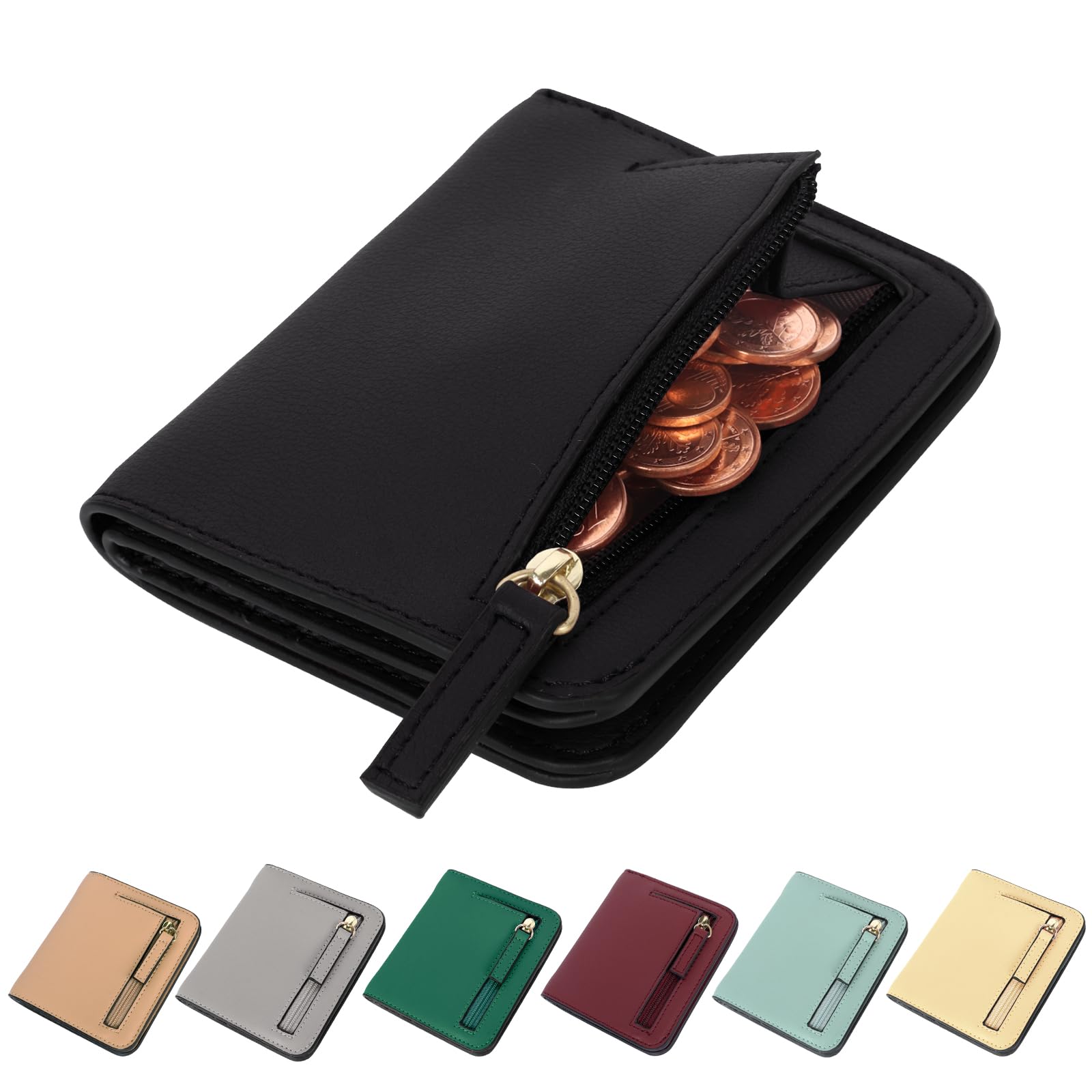 NiCoLaWomen's Small Wallet Black Coin Purse Credit Woman Card Holder Small Wallet RFID Blocking Leathe Wallet Purse Mini Compact Pocket Wallet for Woman Zipper Coin Pocket Ladies Small Purse with ID Window