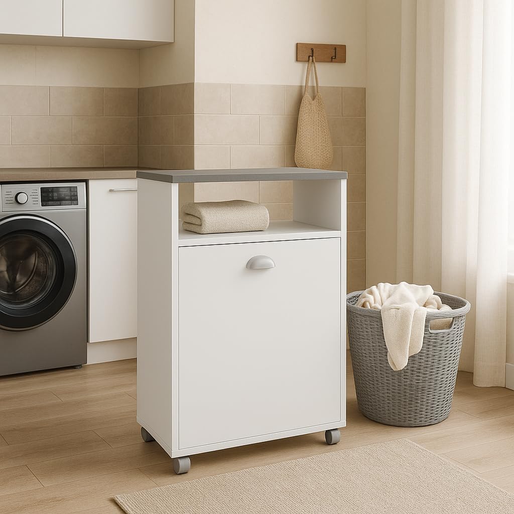 Mueble de Lavandería Blanco con Cesta Metálica y Tapa Gris Grafito – 60x40x80 cm – Diseño Moderno y Funcional en Melamina