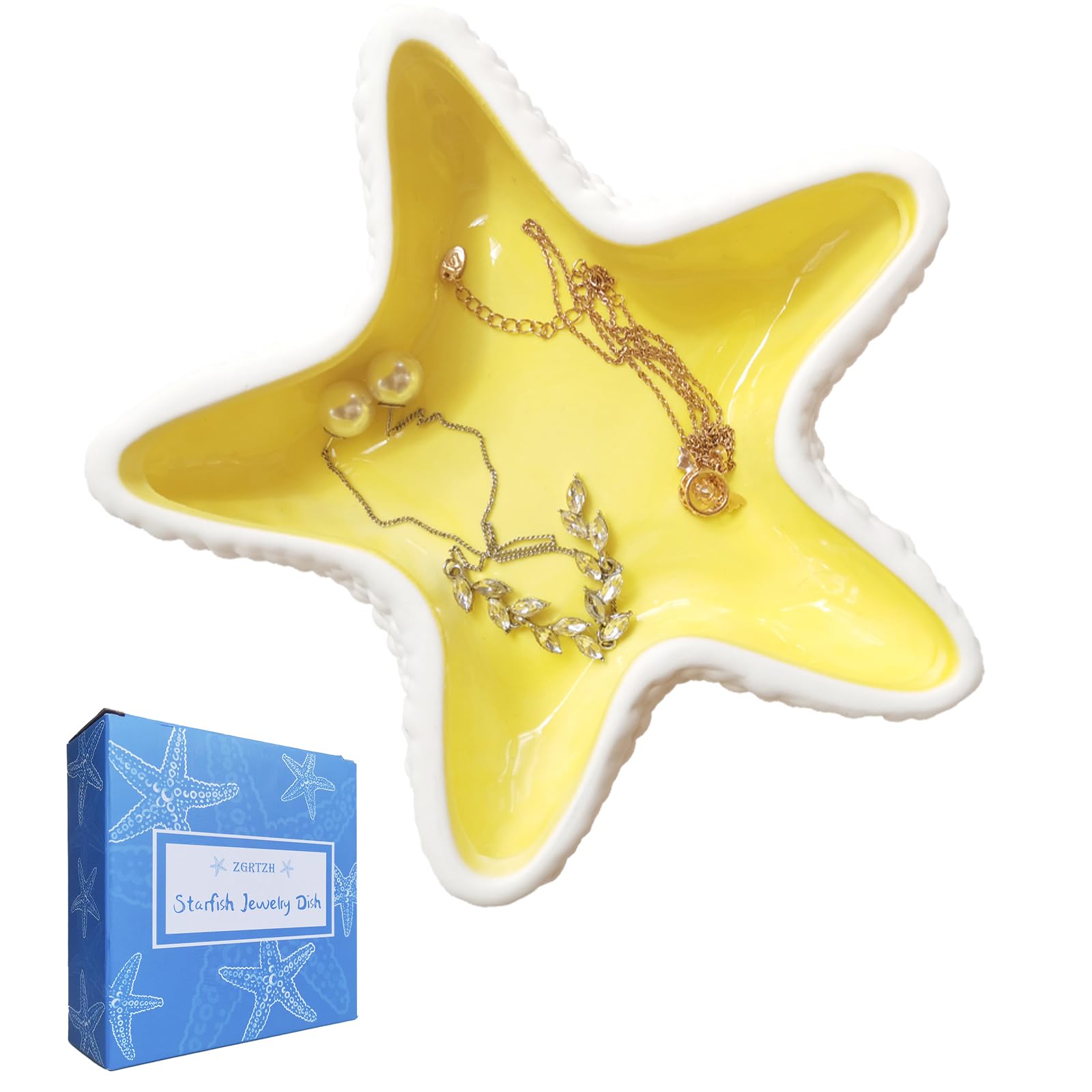 Ceramic Starfish Jewelry Dish Tray Yellow Ring Holder Trinket Dish Small Candy Dish Trinket Tray Jewelry Plate Decorative Tray Key Bowl for Entryway Table Jewelry Party Home Festival Decor
