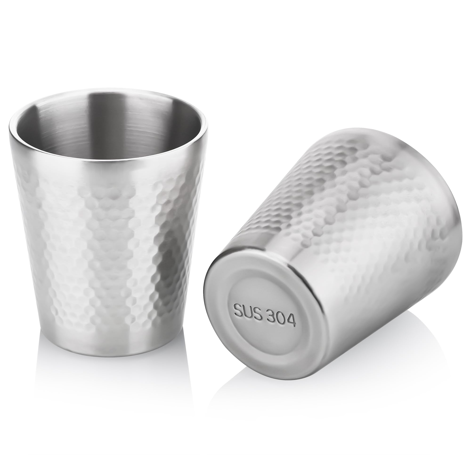 Set of 2 Stainless Steel Cups, 10oz/300ml Silver Surface Dot Texture Metal Cups, Perfect for Cold Drinks, Stackable Double Wall Steel Mug, Heat Resistant Dishwasher Safe