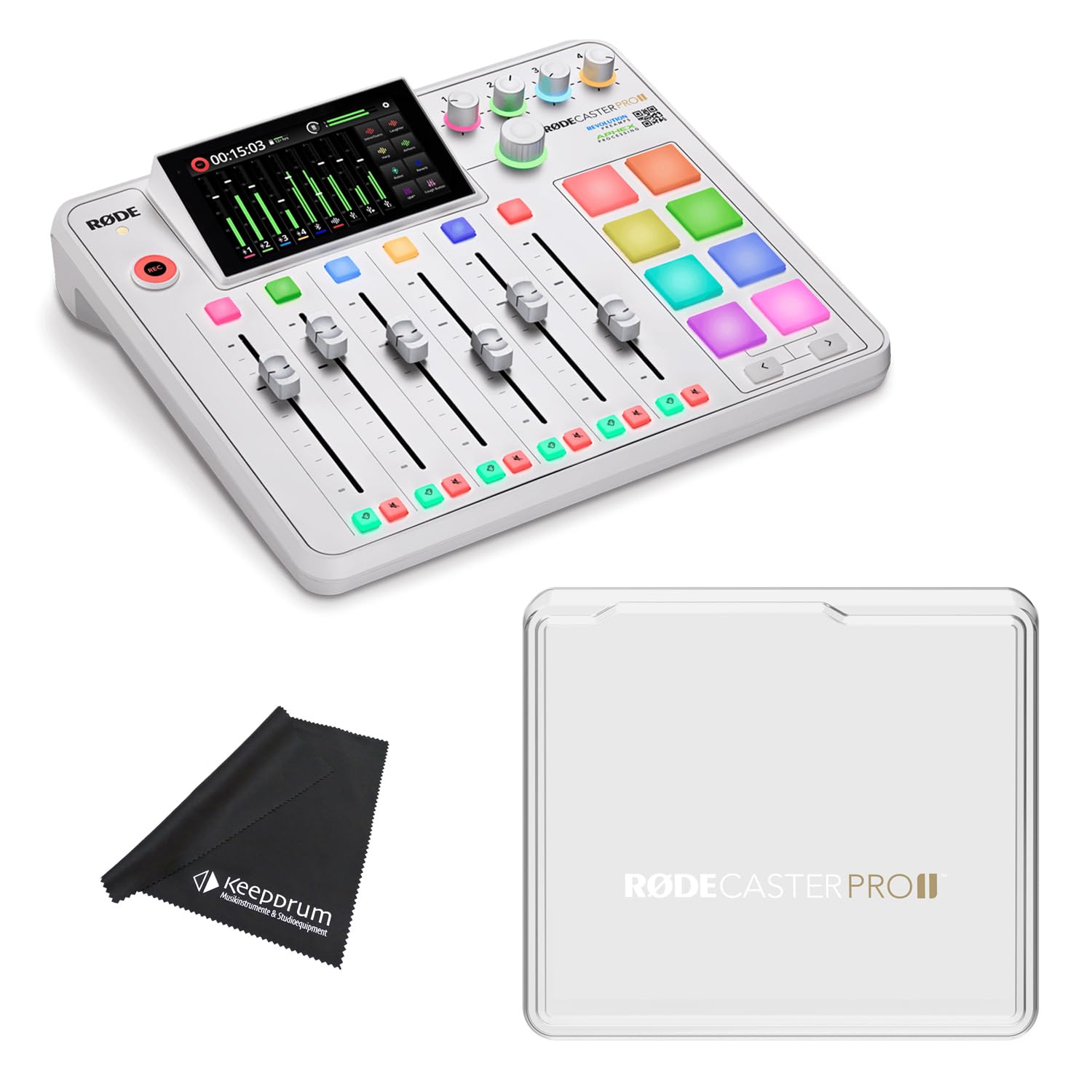Rode Rodecaster Pro II Audio Production Studio Podcast Station Weiss mit Rodecover 2 Abdeckung und keepdrum Mikrofasertuch