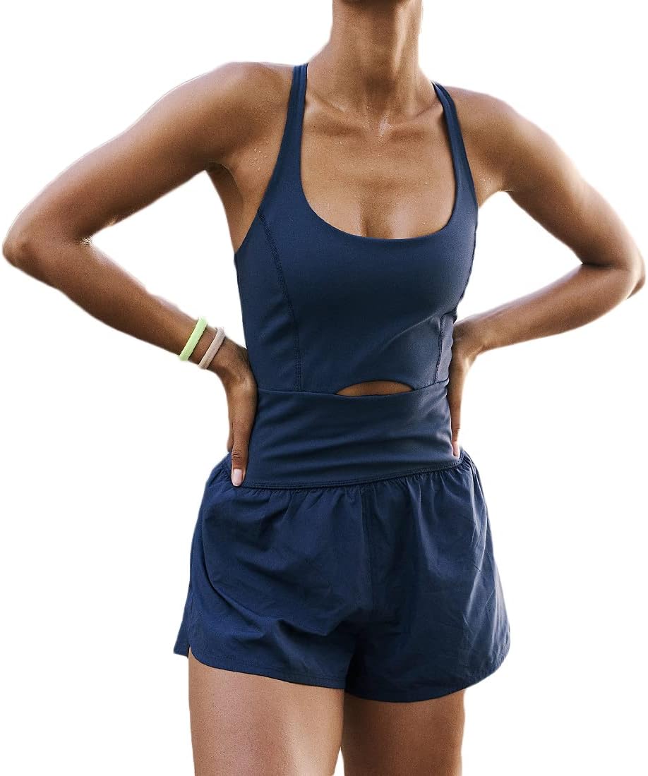 Womens Workout Athletic Romper Running Padded Bras One Piece Exercise Jumpsuit Shorts Tenni Clothes Outfits With Back Zipper Pocket - Image 3