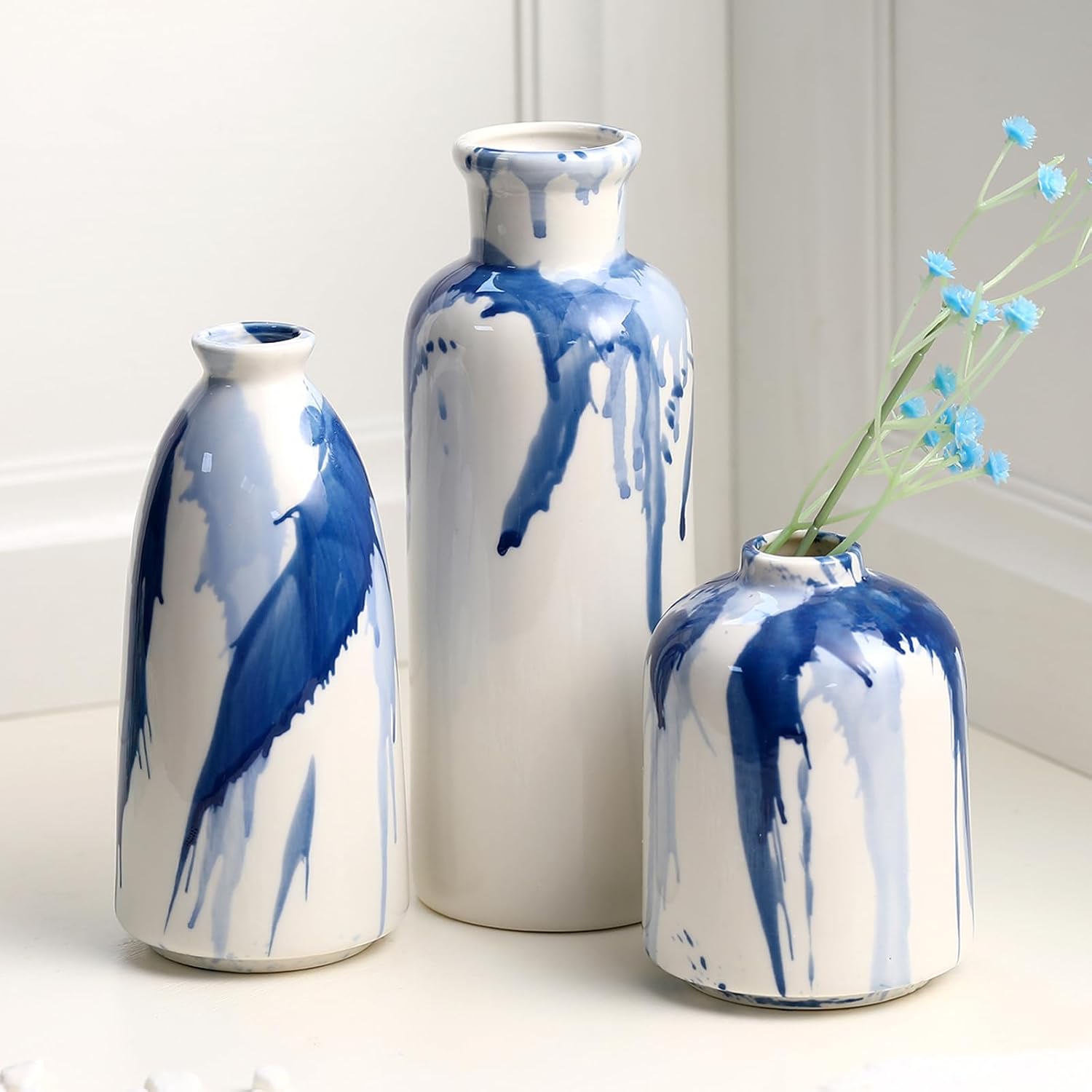 Set of 3 Blue and White Vase Decorative Ink Splash Creative Ceramic Flower Vase Farmhouse Decor for Centerpieces Living Room Home Flowers Kitchen Dining Table Mantel Shelf Gift Bedroom