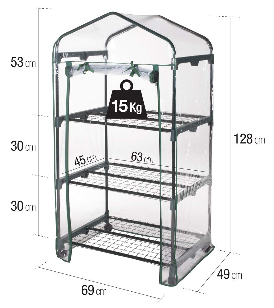 VERDELOOK | Serra Rettangolare con Ruote a 3 Ripiani con Apertura a Cerniera, 69x49x128 cm, con Telo Trasparente in PVC, Serra da Giardino e Balcone, per Protezione Piante, per Giardinaggio