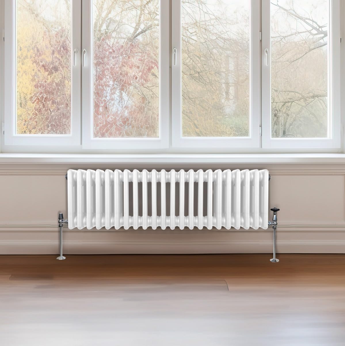 Radiateur Traditionnel à Triple Colonne 300 x 1012 mm, Chauffage Moderne Horizontal en Acier au Carbone Blanc Brillant, Cuisine Salon Salle de Bain [Brosse, Attaches Murales & Supports INCLUS]