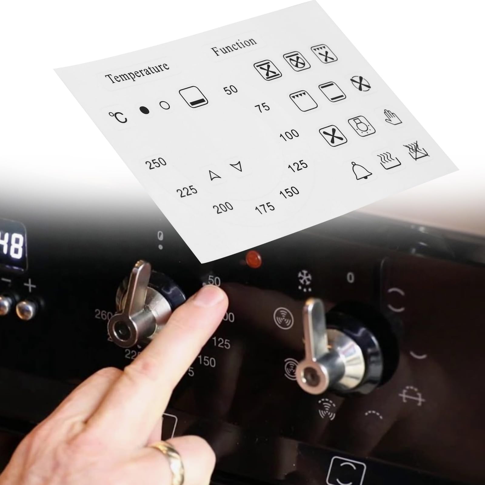 Create idea 4 Set Adesivi Per La Temperatura E Le Funzioni Del Forno 50–250°C + 18 Adesivi Con Simboli In Vinile Laminato Trasparenti Con Stampa Nero