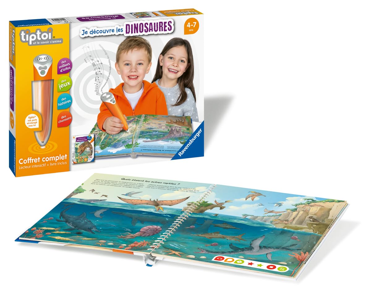 Ravensburger - tiptoi®- Kompletny zestaw czytników interaktywnych + książka I Discover Dinozaury - Elektroniczna gra edukacyjna, bez ekranu - od 4 lat - wersja francuska - 00 143