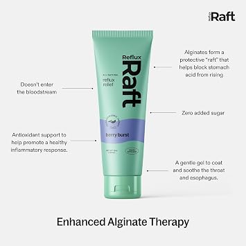 RefluxRaft Acid Reflux Therapy with Organic Alginate, Pregnancy Safe, Fast & Long-Lasting GERD & LPR Support, Zero Sugar, Gluten-Free, Low Sodium, Berry Burst, 60 Gel Servings, 10 OZ Bottle