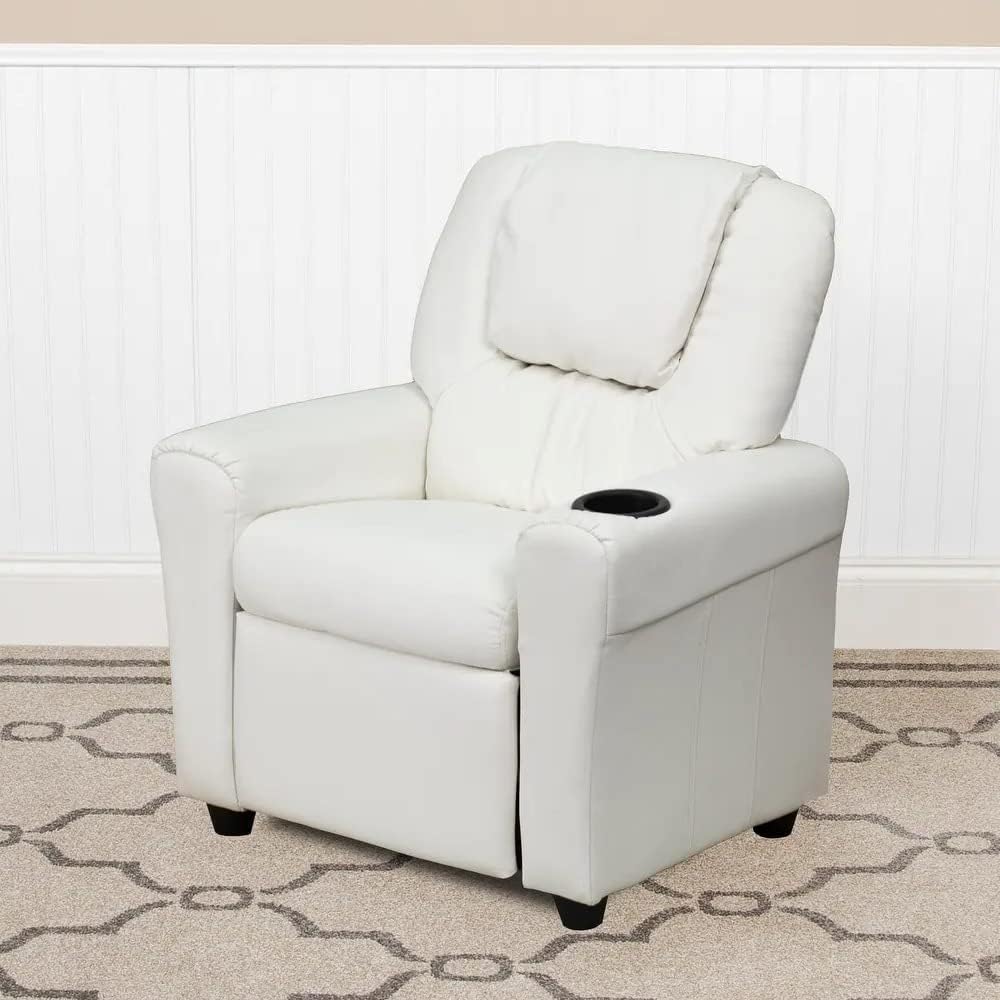 TRP Contemporary Kids Recliner Couch Chair for Livingroom with Cupholder & Headrest | Comfy Plush Back & Padded Seat with Pullout Ottoman | Pretty Bright White Color Durable Solid Wooden Construction