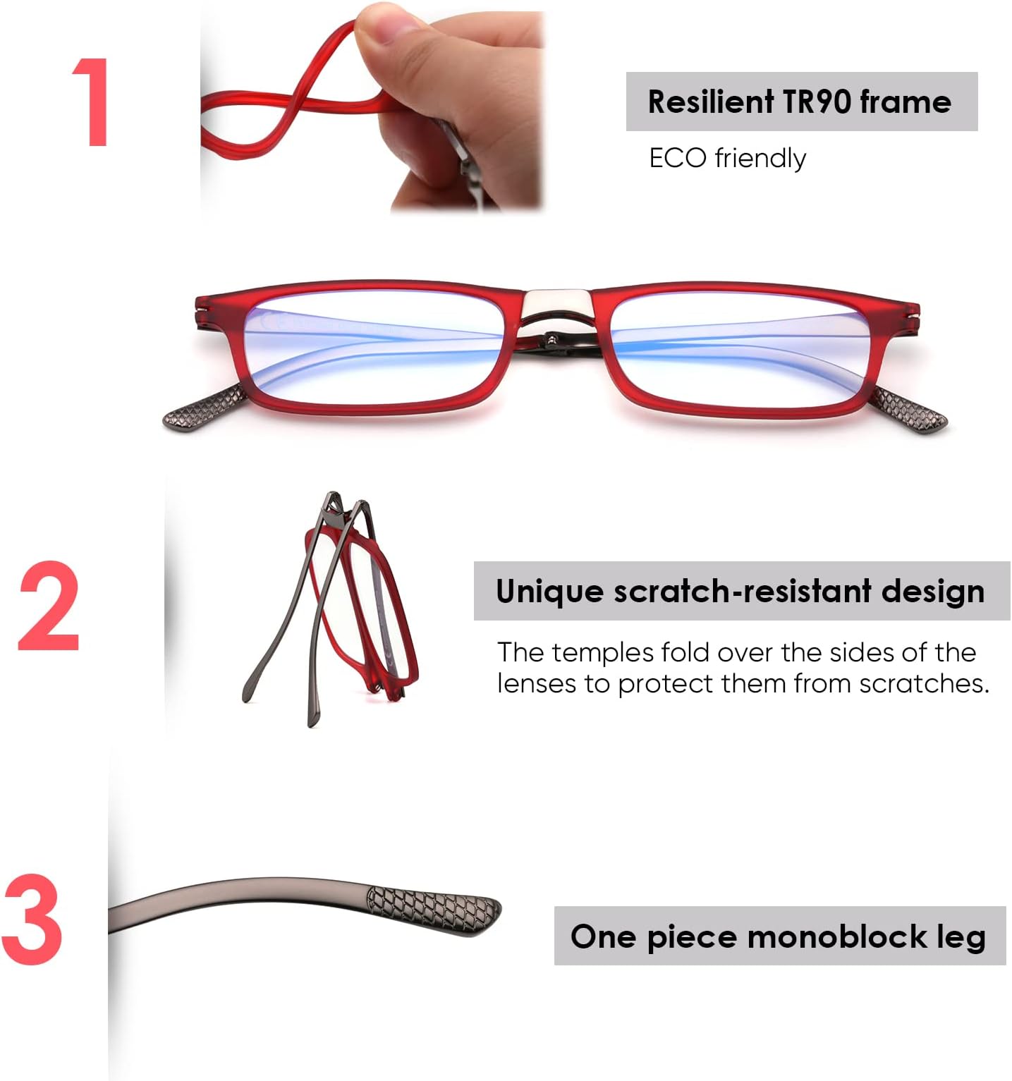 SKYOAK Evolved Folding Reading Glasses For Women Men Blue Light Blocking Anti UV Eyestrain Foldable Portable Compact Readers with Flat Hard Case Pocket Computer glasses 1.0 RED