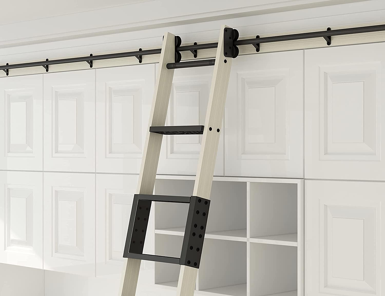 DIYHD 96" Unfinished Pine Wood Sliding Library Ladder with Black Metal