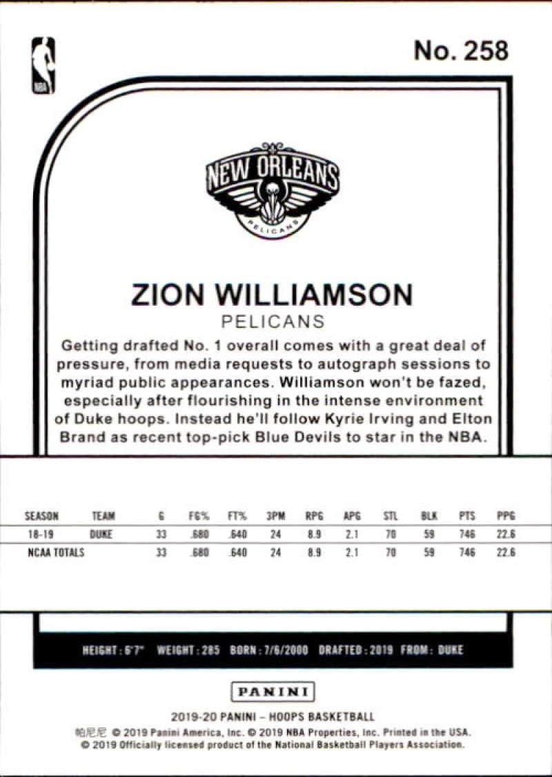 2019-20 Panini NBA Hoops #258 Zion Williamson New Orleans Pelicans Rookie Basketball Card