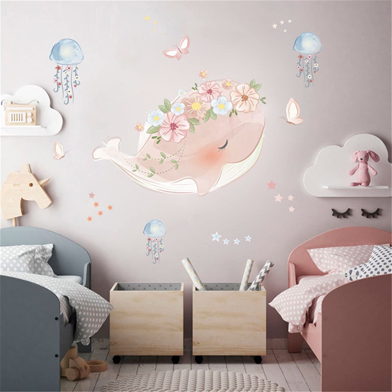 caihuashopping Różowy wieniec wieloryb meduza naklejka ścienna do pokoju dziecięcego dekoracja przedszkola tapeta odklej i przyklej winyl dziecko DIY kalkomania mural