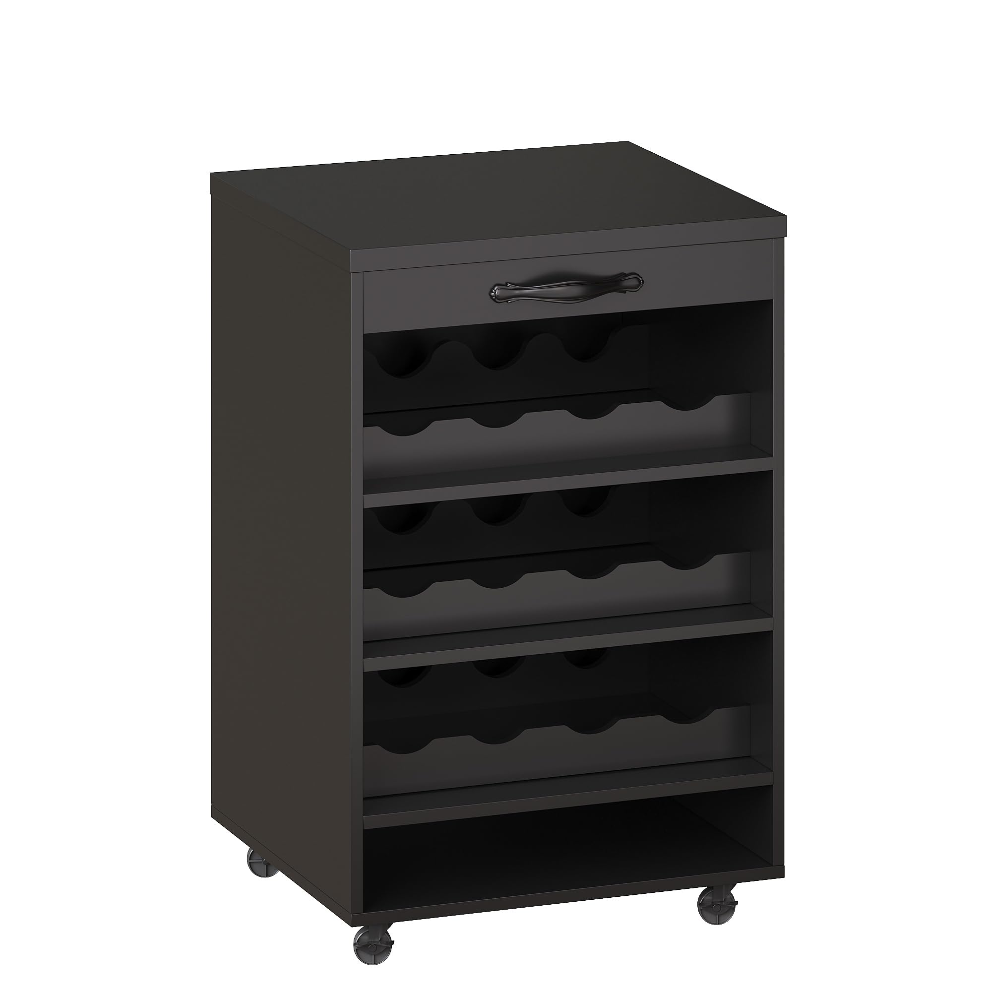 140cm Küchenschrank Schwarz mit Rollwagen, Hochschrank mit LED-Beleuchtung, Pantryschrank mit Weinglasregal & Weinregal, Beleuchteter Sideboard Schrank für Wohnzimmer, Esszimmer