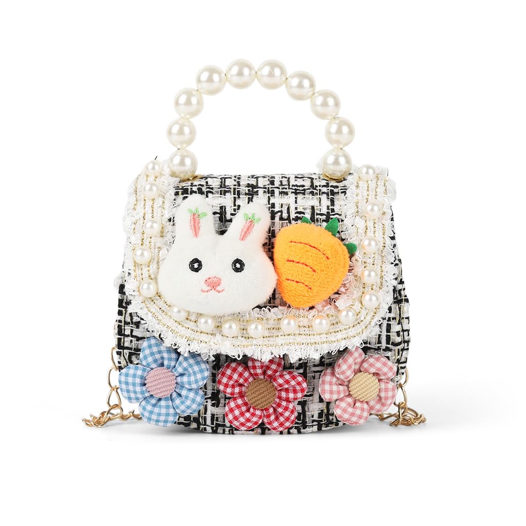 Cartoon Bunny Floral Sling Bag for Girls, Fashion Cute Hand Bag for Girls Shoulder Stylish Latest Gifts Kids Age 3-8 Purse Cross Body Woman with Beaded Chain, 12.5x4.5x11cm Flower Color Random-image-14