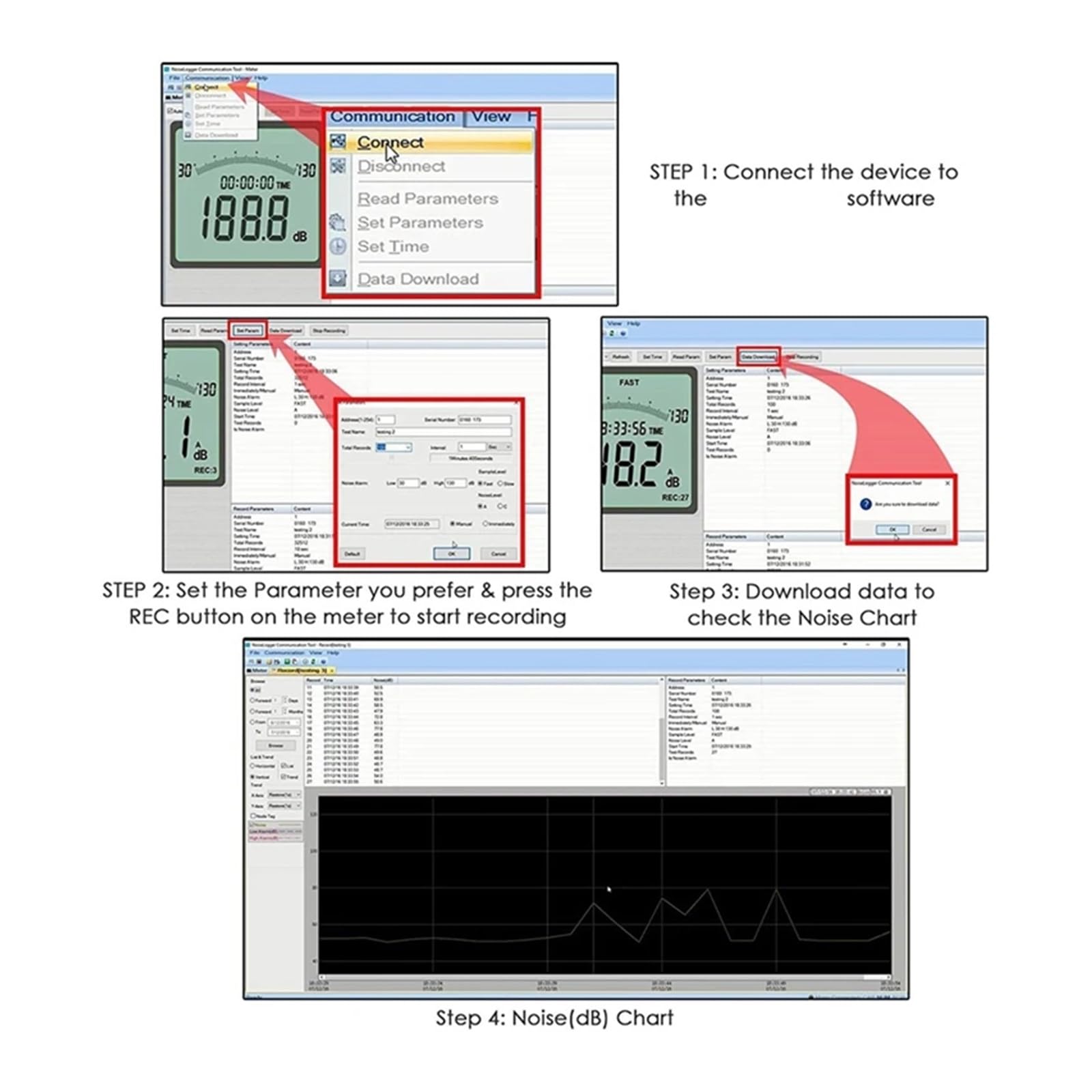 Miernik Decybeli, Miernik Poziomu Dźwięku Czujnik Hałasu Decybeli Cyfrowy LCD | 30-130DB, Rejestrator USB, Z CD