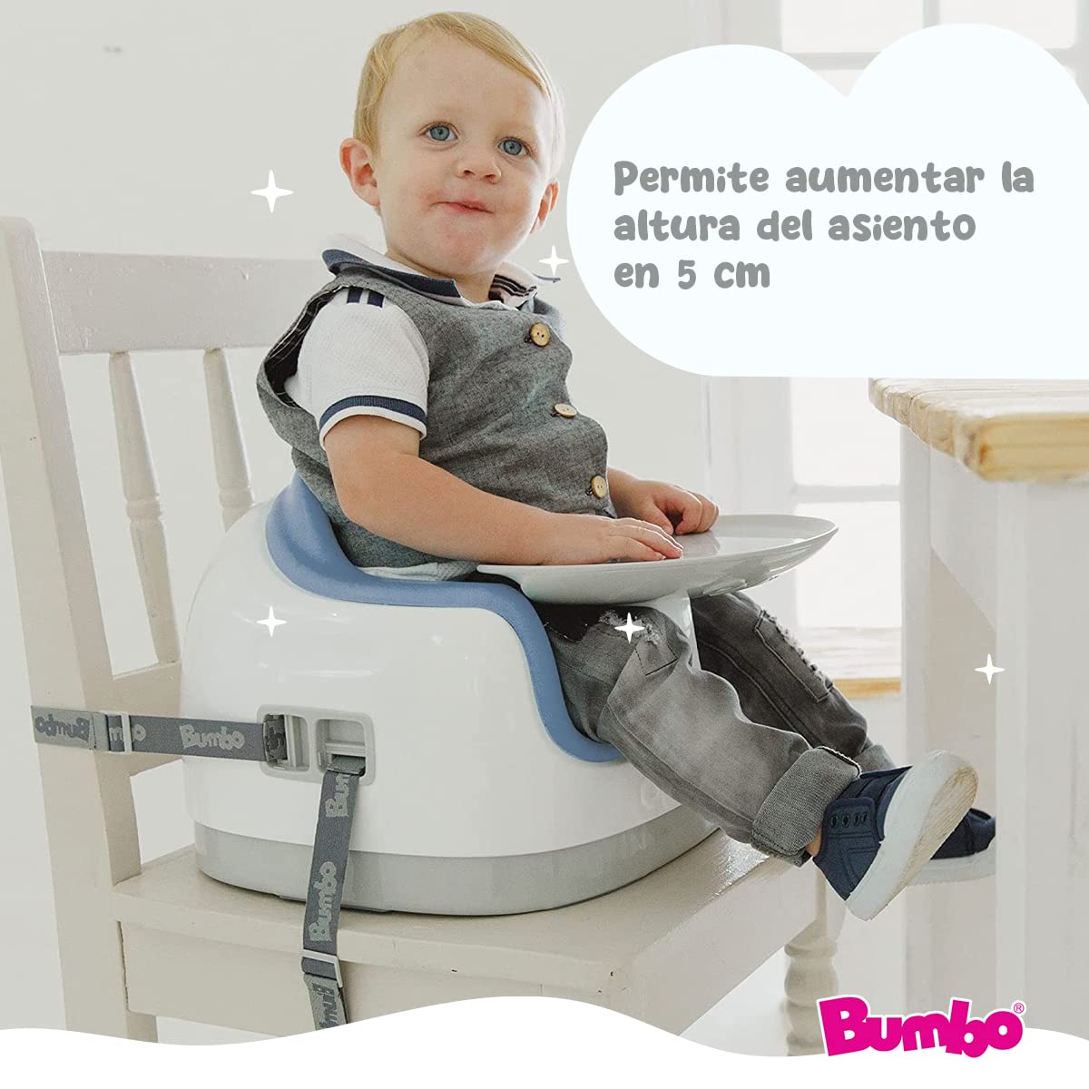 Bumbo Multi Seat - Asiento para Bebé 3 en 1 - Asiento de Suelo, Trona Portátil y Alzador de Silla para Comer - Bandeja Extaíble y Altura Ajustable - Color Gris