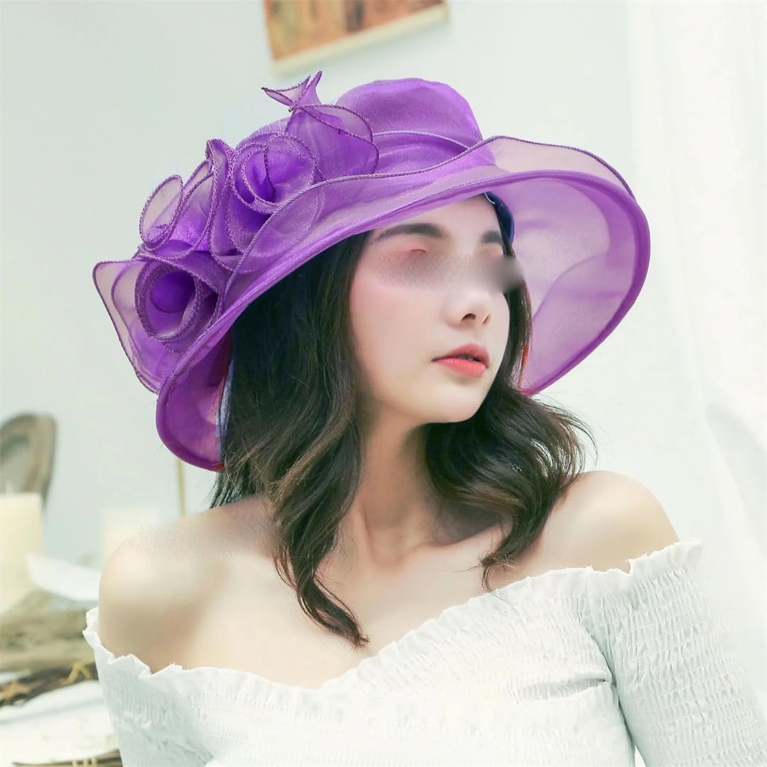 Yeuyyben Cappello da donna elegante con fiocco estivo in organza a tesa larga cappelli per protezione solare per donne chiesa matrimonio spiaggia cappello da sole pieghevole