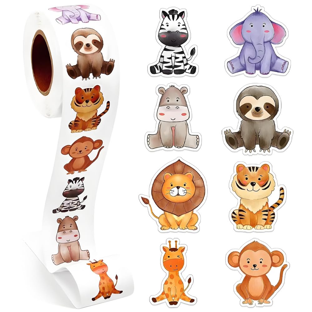 500PCS Jungle Animal Stickers Roll - 1" Self-Adhesive Reward Animal Labels 8 Patterns Cute Cartoon Animal Decals for Kids Girls Scrapbook Envelope Seals Party Favor DIY Craft