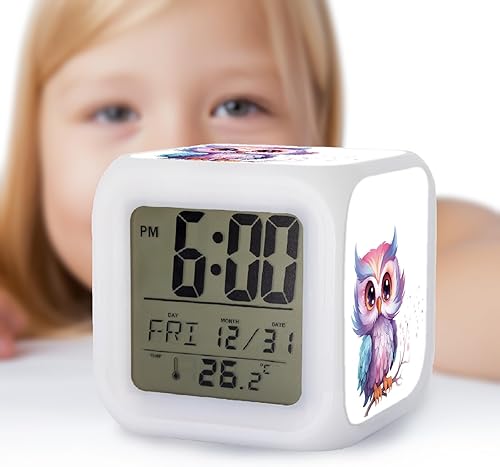 Miniatura 6 de Reloj despertador para niños con patrón de búho, reloj de escritorio brillante alimentado por batería para niñas de 6 a 13 años, mesa de estudio de