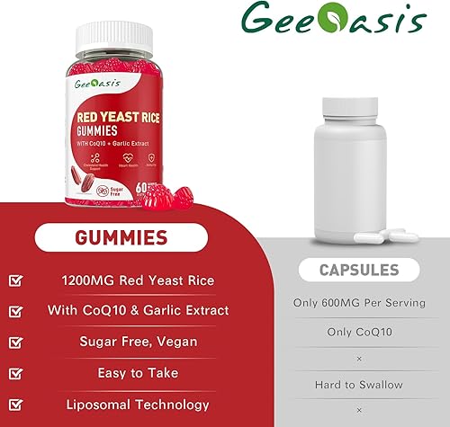 Miniatura 6 de Arroz de levadura roja con gomitas CoQ10 sin azúcar, suplemento de arroz de levadura roja con extracto de ajo inodoro, vitamina E, vitamina D3 y K2,