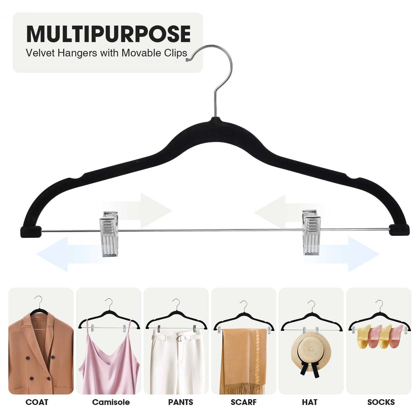 Paquete de 36 perchas de terciopelo negro, perchas para pantalones con clips ajustables, perchas de fieltro, resistentes, antideslizantes, ahorran espacio, perchas delgadas para pantalones,