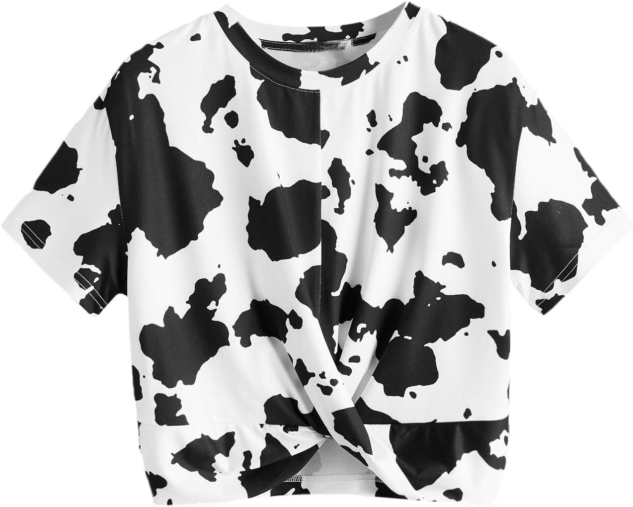 MilumiaWomen's Cow Print Twist Front Short Sleeve Crop Tank Top Tee Shirt