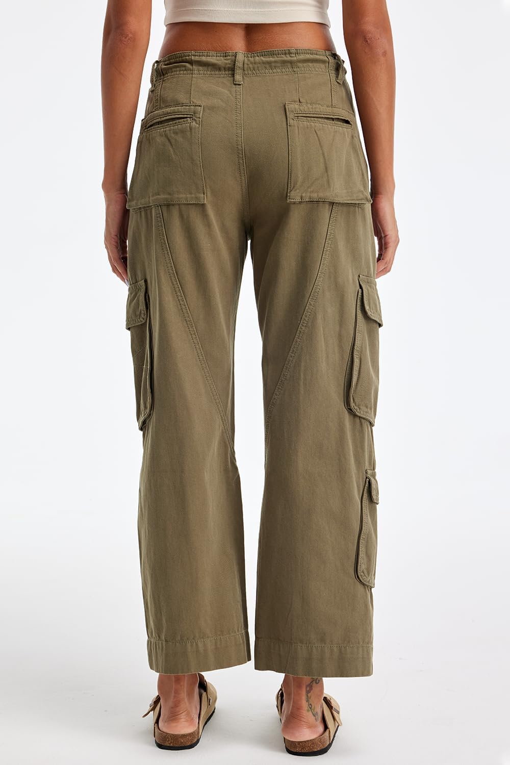 Cargo Pants for Women Low Rise Drawstring Waist 7 Pockets Hiking Work Wide Leg Pants with Zipper Button Closure