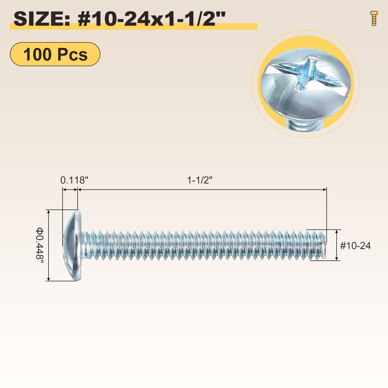 METALLIXITY Machine Screws Phillips Combo Head(#10-24x1-1/2") 100Pcs, Carbon Steel Round Head Cross Drive Furniture Bolts - Image 2